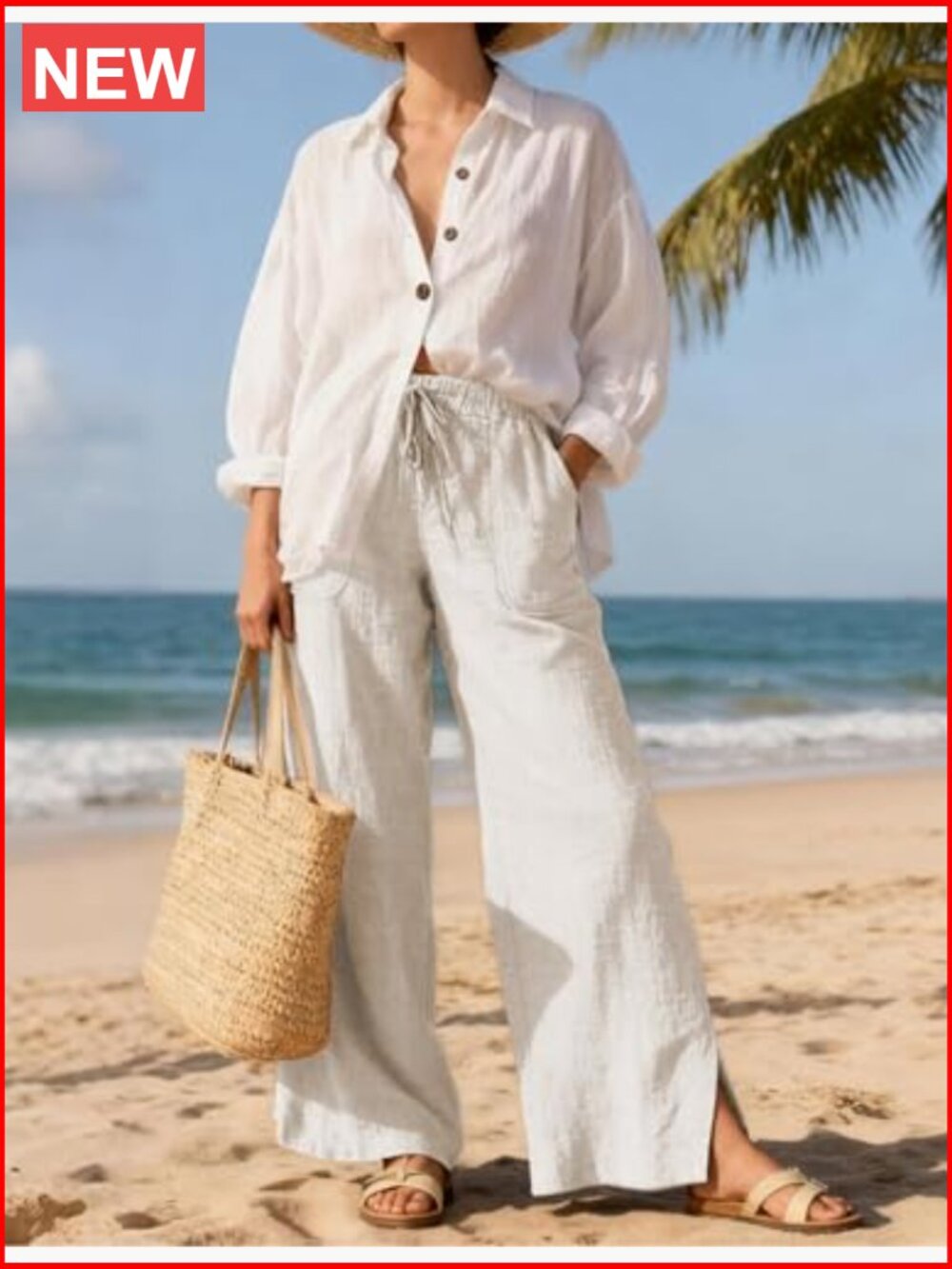High Waisted Wide Leg Pants Cotton Linen Drawstring Lounge Pants Loose Fit - Picture 6 of 7